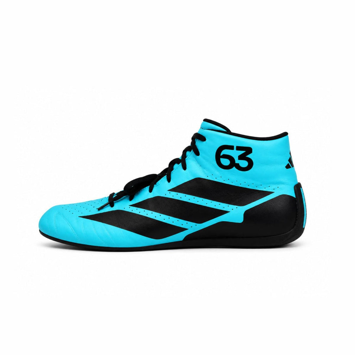 2026 George Russell Racing Shoes Replica: a single Adidas indoor soccer shoe in bright cyan blue and black, featuring the number 63 on the side.