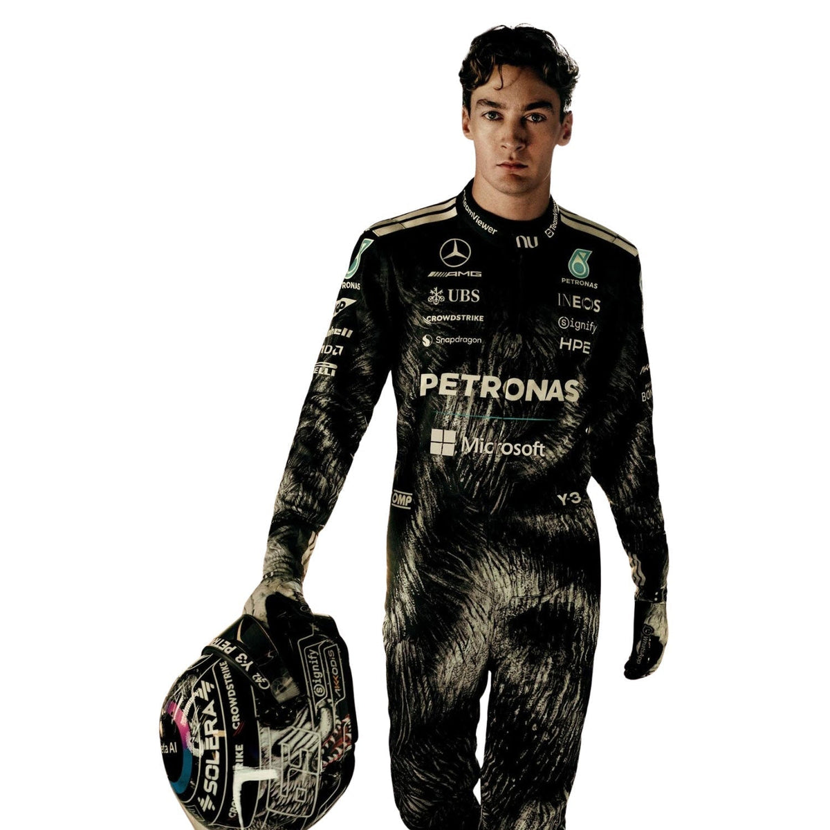 2026 Racing Suit Replica – George Russell Japanese GP: george Russell 2026 F1 Race Suit Mercedes Japanese GP with various sponsor logos, holding a helmet.