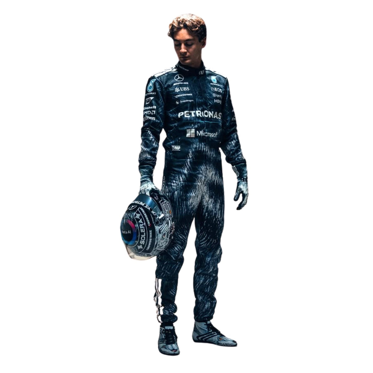 2026 Racing Suit Replica – George Russell Japanese GP: george Russell 2026 F1 Race Suit Mercedes Japanese GP holding a helmet.