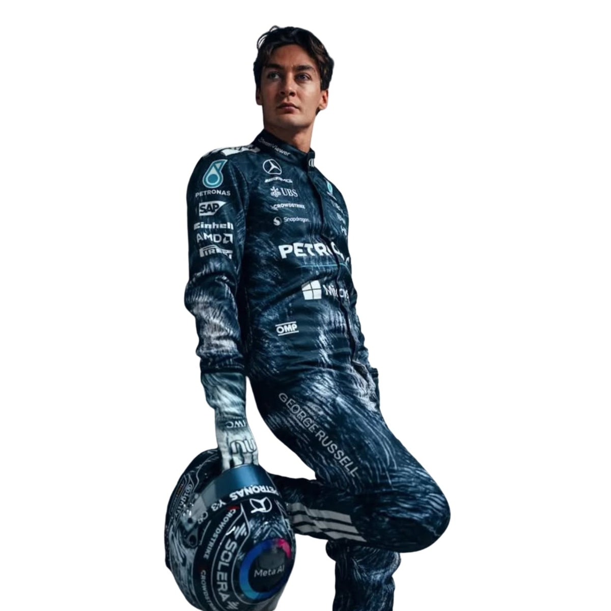 2026 Racing Suit Replica – George Russell Japanese GP: george Russell 2026 F1 Race Suit Mercedes Japanese GP with sponsor logos, sitting next to a racing tire close up view.