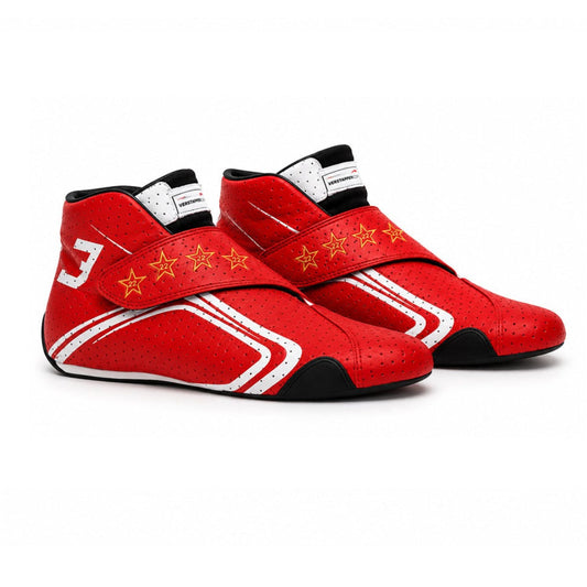 2026 Racing Shoes Replica – Max Verstappen Monaco GP: a pair of red high-top racing shoes with white stripes, gold stars, and a white number 3.