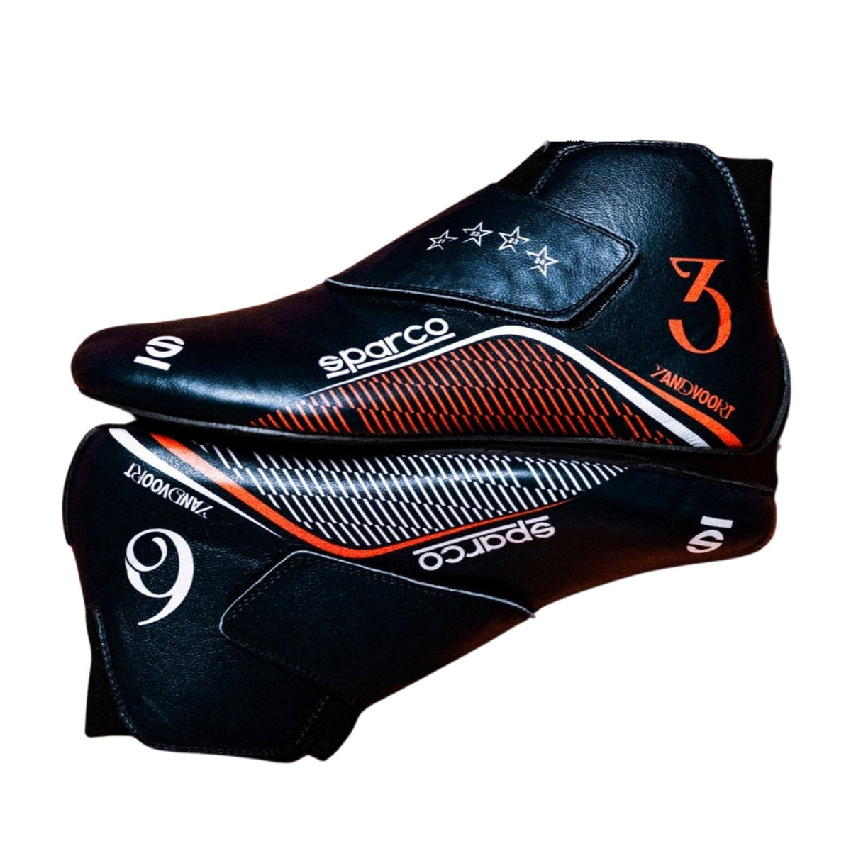 2026 Racing Shoes Replica – Max Verstappen & Isack Hadjar Dutch GP: a pair of Sparco racing shoes in black leather with orange and white graphics, including the number 3 and the name Jank Woolf.
