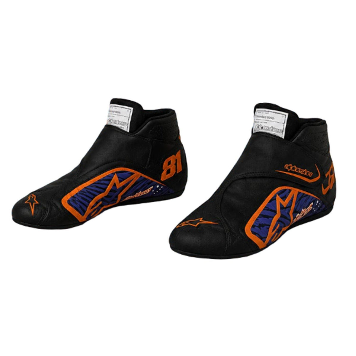 Oscar Piastri 2026 Racing Shoes Replica: a pair of Alpinestars racing boots in black, featuring vibrant orange and blue accents on the toe and heel sections, with the number 81 printed on the side.