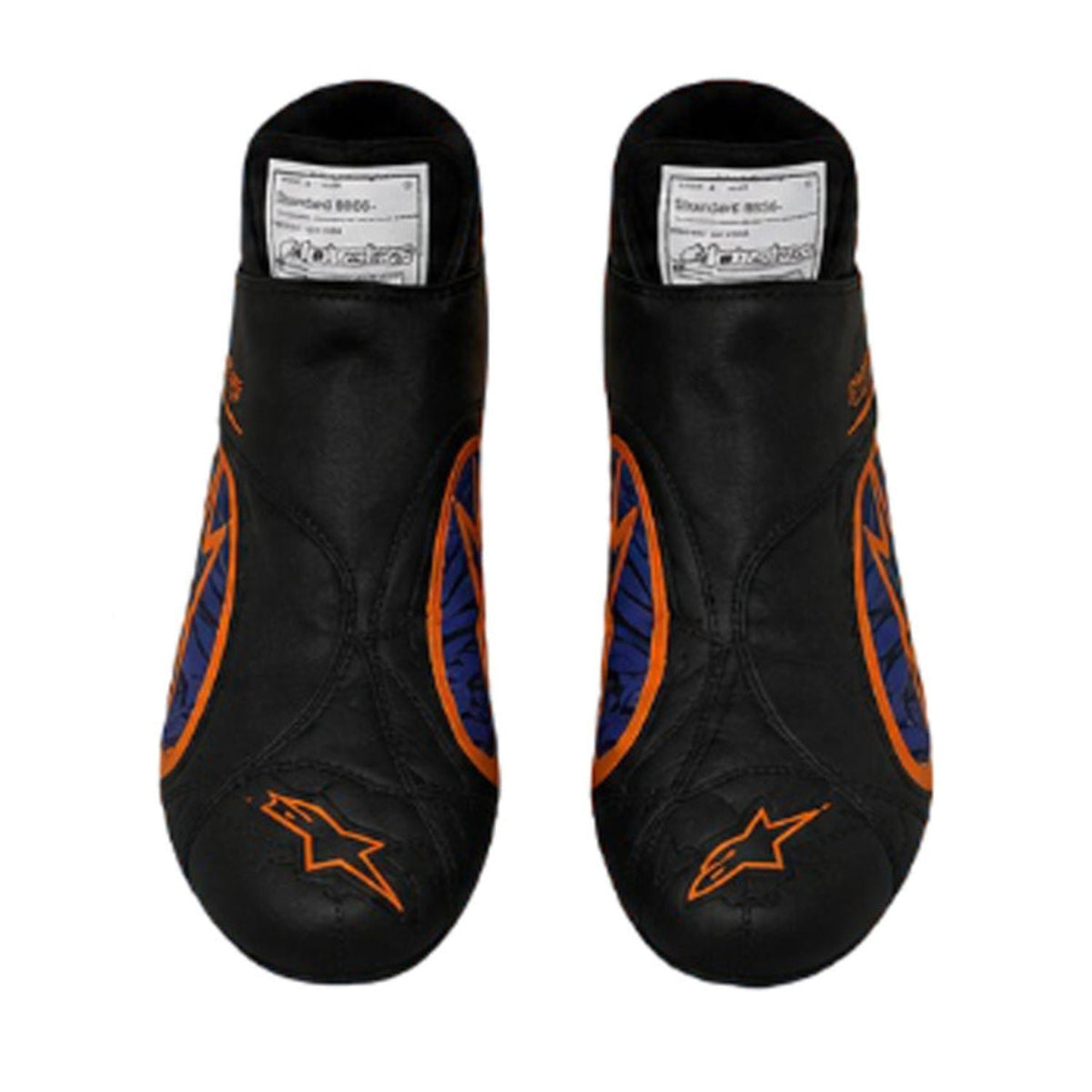 Oscar Piastri 2026 Racing Shoes Replica: a pair of black Alpinestars motorcycle leather boots with orange and blue flame graphics on the sides.
