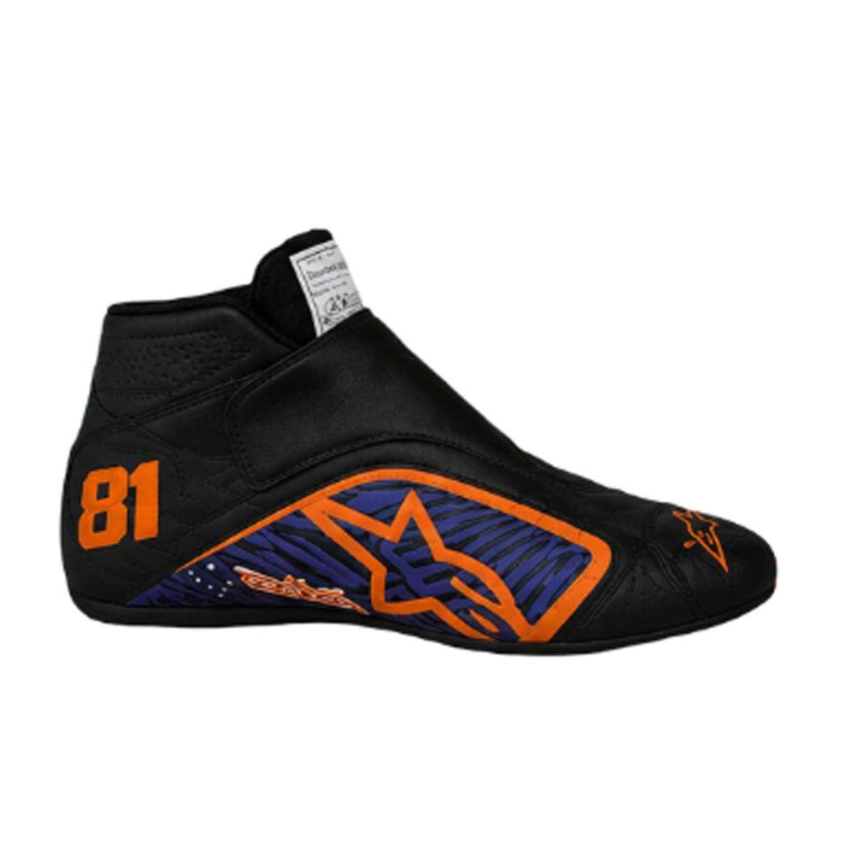 Oscar Piastri 2026 Racing Shoes Replica: a black Alpinestars racing boot with orange and blue graphics, featuring the number 81 on the heel and a blue Alpinestars logo on the side.