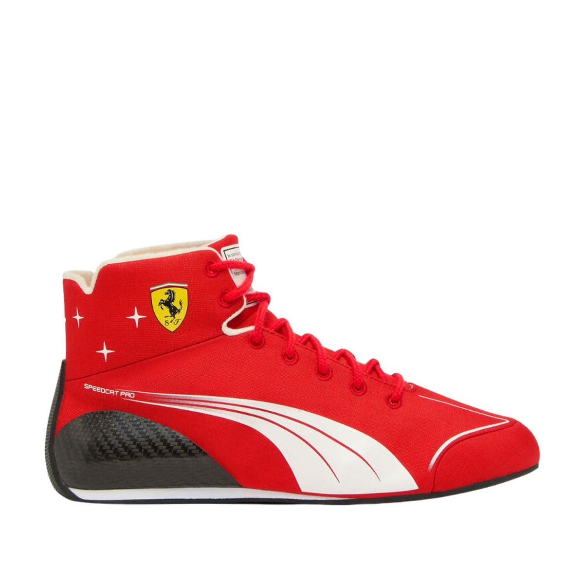 2026 Racing Shoes Replica – Italian GP: a red Puma Speedcat Pro high-top sneaker with a black carbon-fiber-look heel, white side stripes, and a yellow Ferrari shield logo on the side.