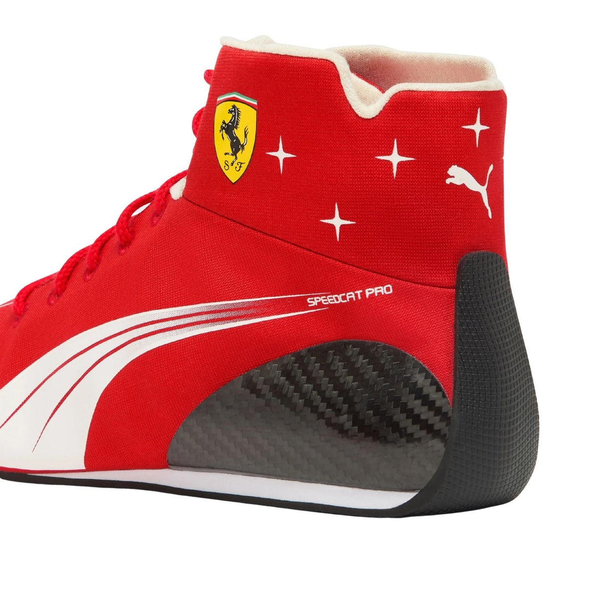 2026 Racing Shoes Replica – Italian GP: a close-up of a Puma x Ferrari Speedcat Pro high-top sneaker. The shoe features a vibrant red upper with white graphic stripes, a yellow Ferrari shield logo on the ankle, white star accents, and a black carbon-fiber-look heel section.