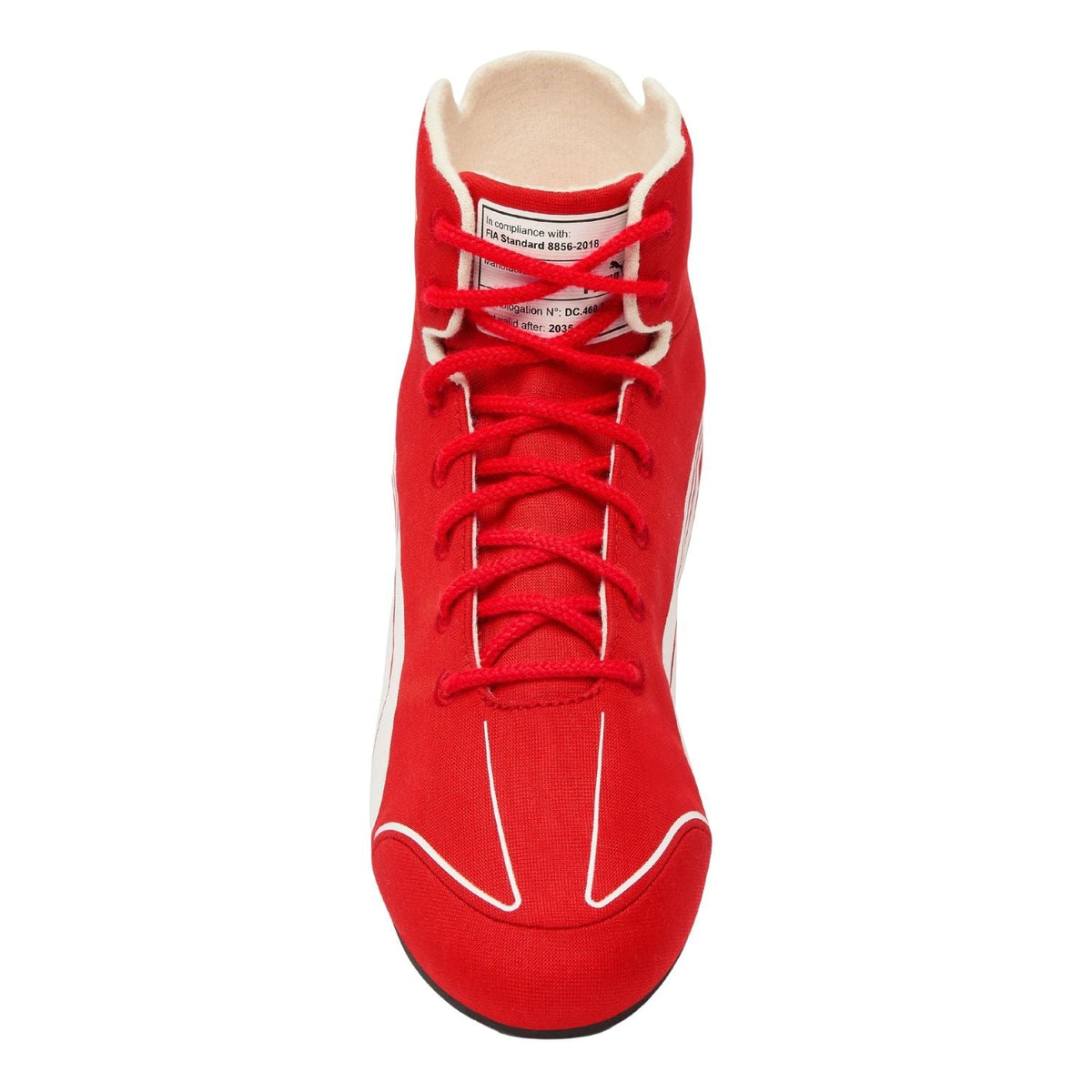 2026 Racing Shoes Replica – Italian GP: a red high-top boxing shoe with white contrast stitching, white side accents, and red laces.