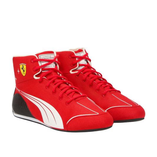 2026 Racing Shoes Replica – Italian GP: a pair of red Puma Scuderia Ferrari high-top sneakers, featuring the yellow Ferrari shield logo on the side and white Puma Formstrip details.
