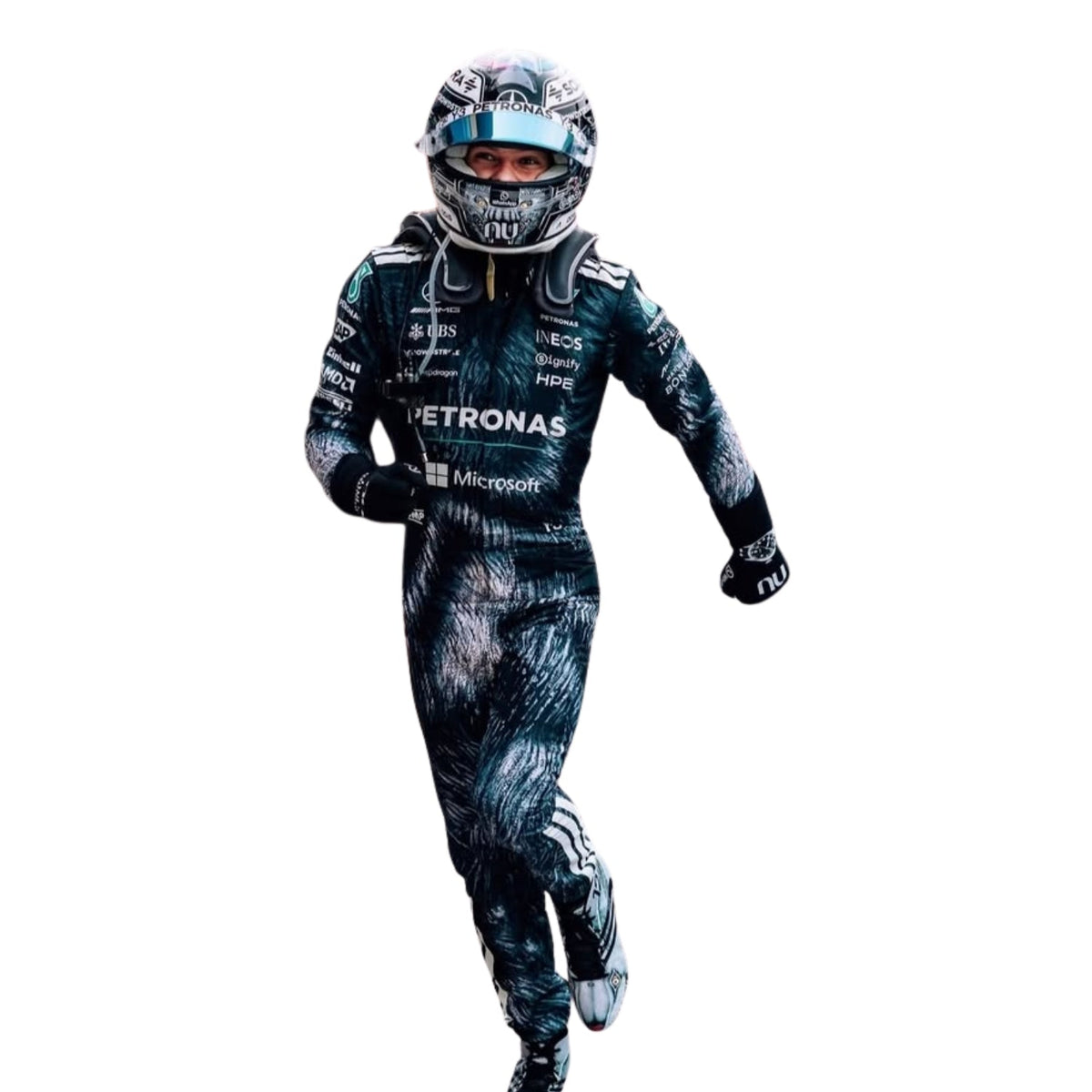 2026 Racing Suit Replica – Andrea Kimi Antonelli Japanese GP: andrea Kimi Antonelli 2026 F1 Race Costume Replica Mercedes Japanese GP and helmet with visible branding.