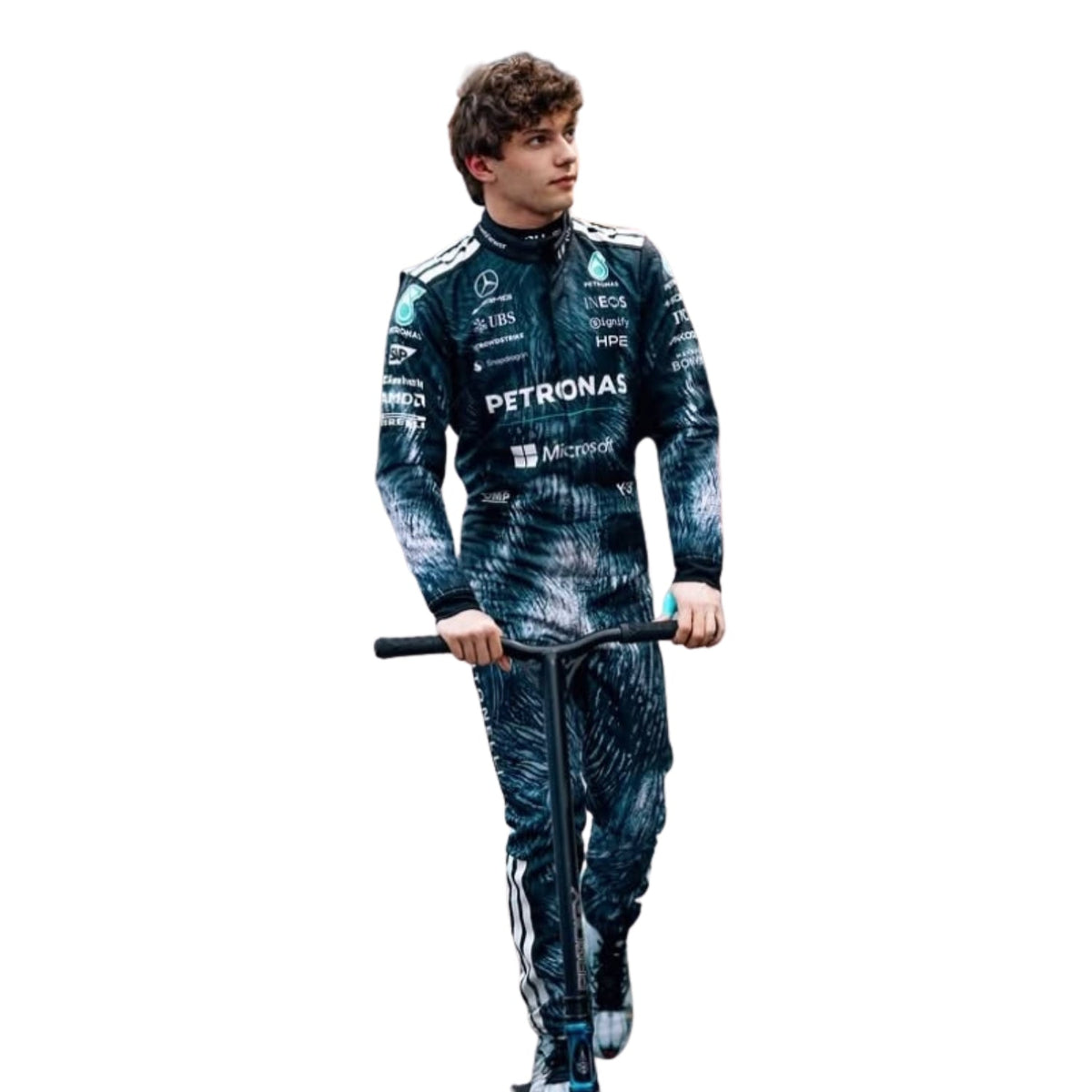 2026 Racing Suit Replica – Andrea Kimi Antonelli Japanese GP: andrea Kimi Antonelli 2026 F1 Race Costume Replica Mercedes Japanese GP with visible branding.
