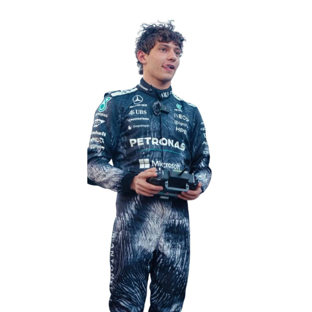 2026 Racing Suit Replica – Andrea Kimi Antonelli Japanese GP: andrea Kimi Antonelli 2026 F1 Race Costume Replica Mercedes Japanese GP with visible branding close up view.