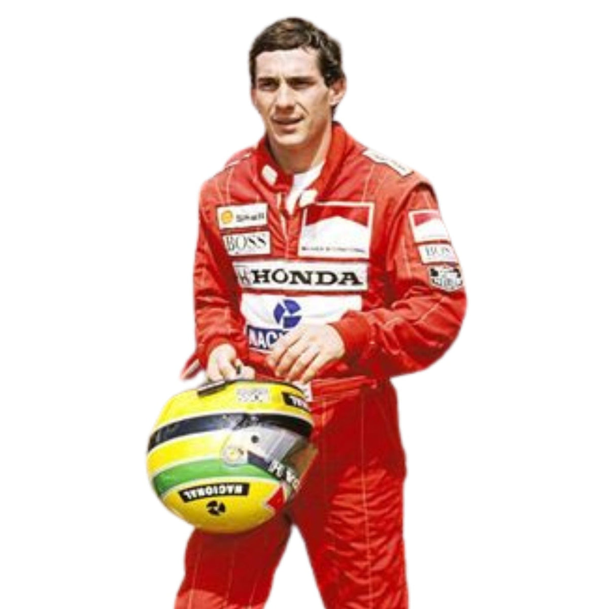 Ayrton Senna Racing Suit Replica 1991 United States GP: close up vie of Ayrton Senna 1991 F1 Race Suit McLaren United States GP holding a yellow, green, and black racing helmet, with visible sponsor logos including Shell, Honda, and Mobil 1.