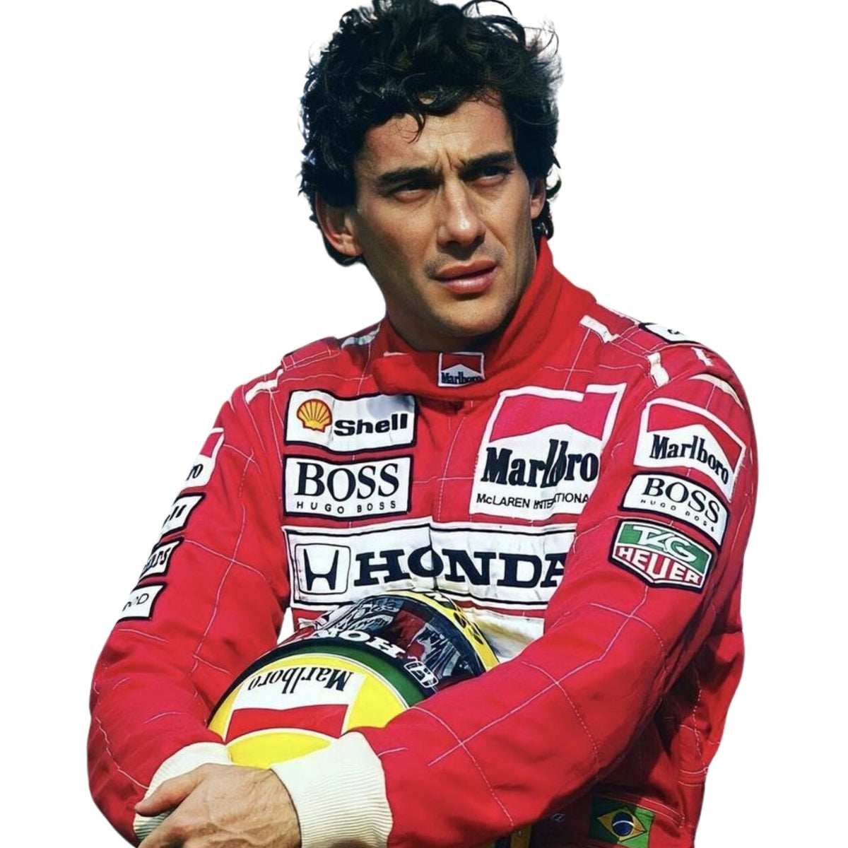 Ayrton Senna Racing Suit Replica 1991 United States GP: ayrton Senna 1991 F1 Race Suit McLaren United States GP with various sponsor logos close up view.