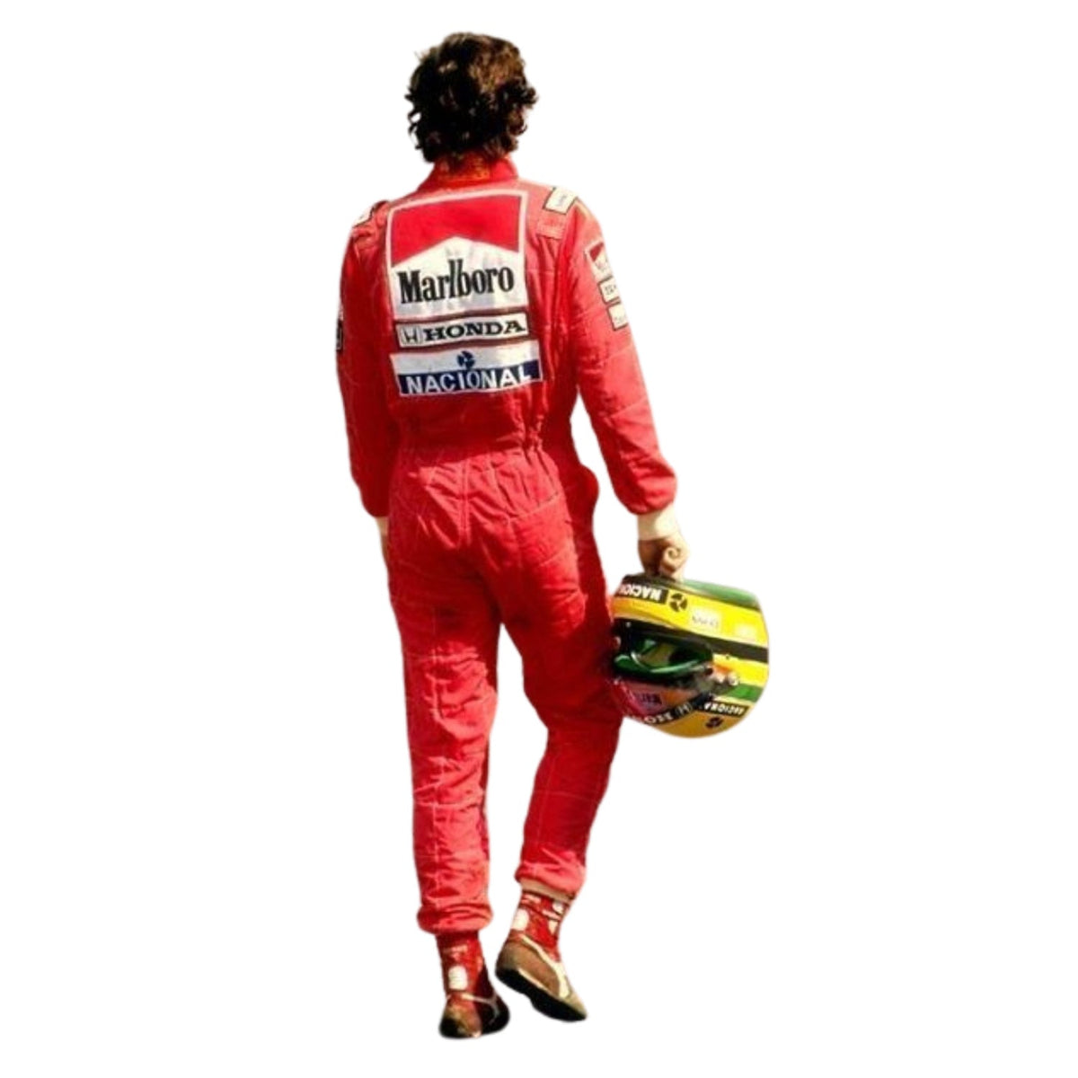 Ayrton Senna Racing Suit Replica 1991 United States GP: wearing a red Ayrton Senna 1991 F1 Race Suit McLaren United States GP with visible Marlboro, Honda, and Magnolia sponsor logos, holding a yellow and black racing helmet.