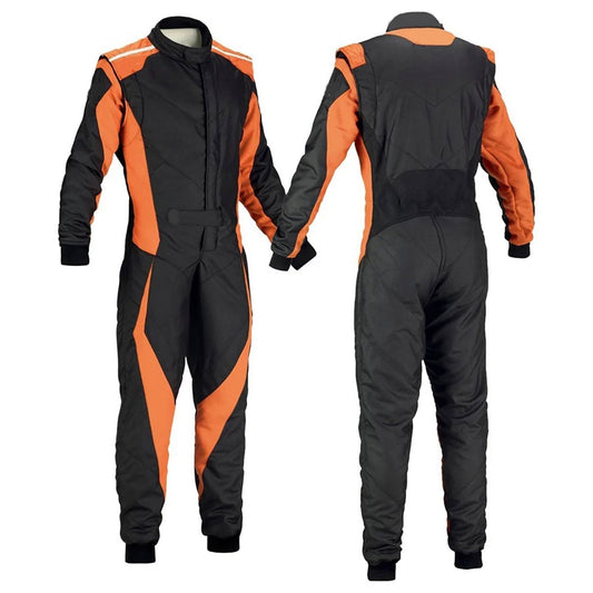 Custom Black and Orange Go-Kart Driver Racing Suit: black and Orange Go-Kart Driver Racing Karting Costume.