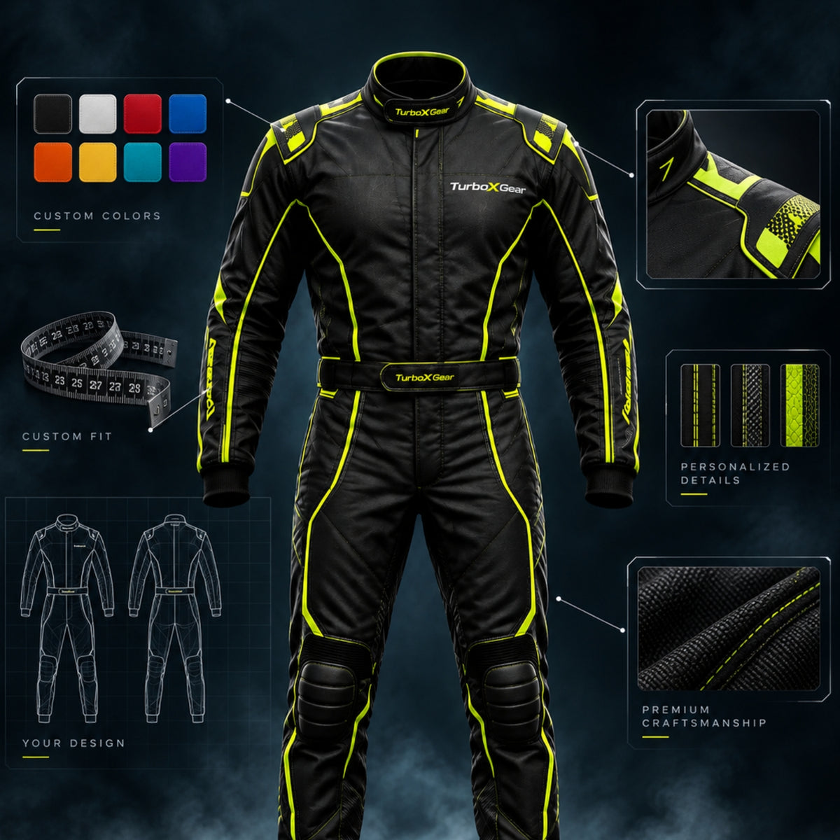 A black full-body racing suit with bright neon yellow-green trim and knee pads, shown on a dark smoky background with inset detail callouts, color swatches, a measuring tape, fit options, and a premium craftsmanship badge - Turbox Gear