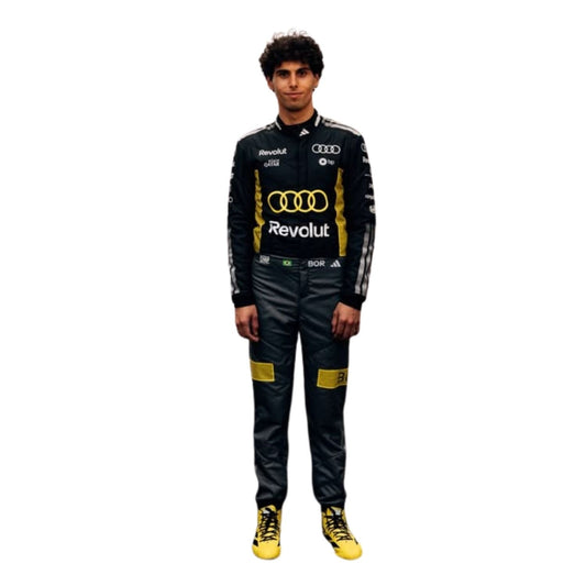 2026 Gabriel Bortoleto Monaco GP Racing Suit Replica: gabriel Bortoleto in racing suit with helmet.