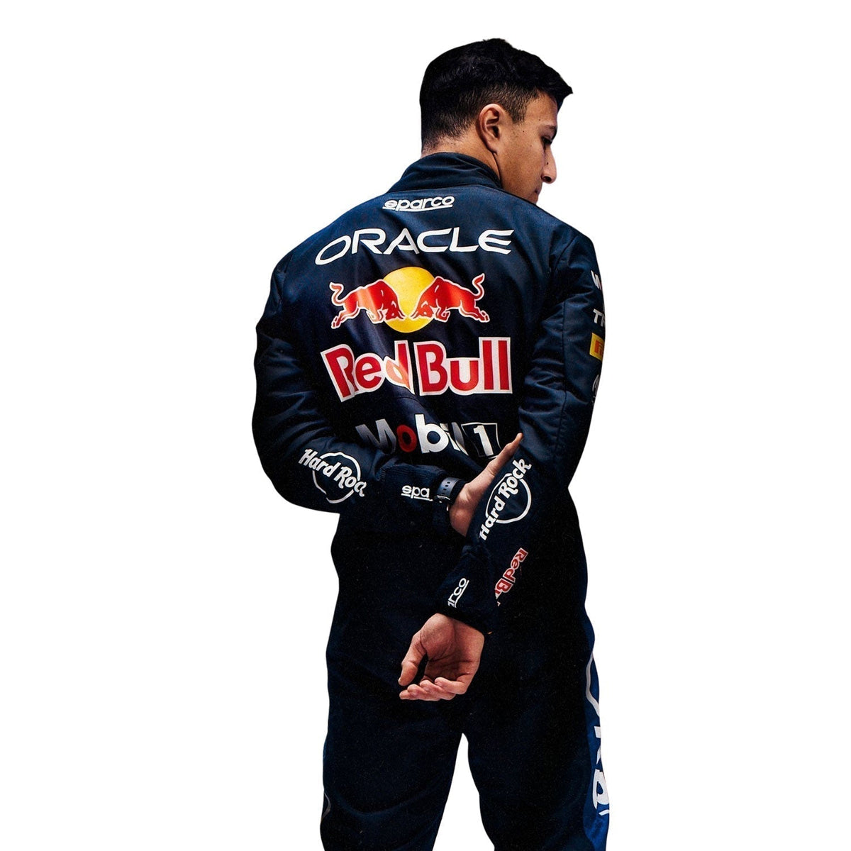 Isack Hadjar Racing Suit Replica 2026: isack Hadjar F1 Race Red Bull Driver Suit Close Up View.