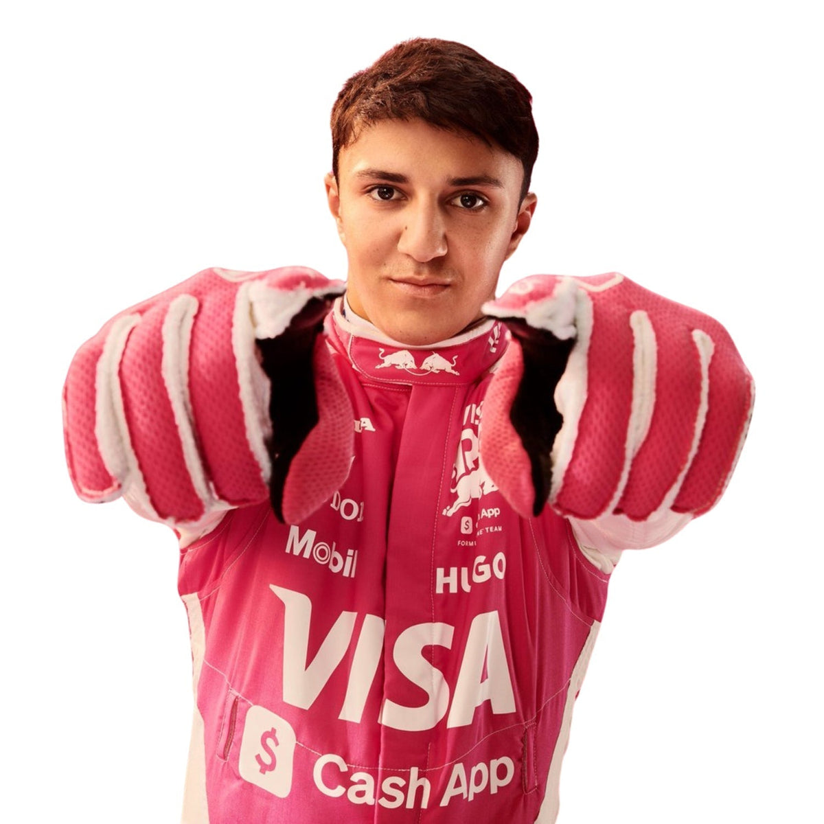 Isack Hadjar Miami GP 2025 Racing Suit Replica: isack Hadjar 2025 F1 Race Suit Replica VCARB Miami GP with sponsor logos including Visa and Cash App, along with pink-and-white striped gloves, posed.