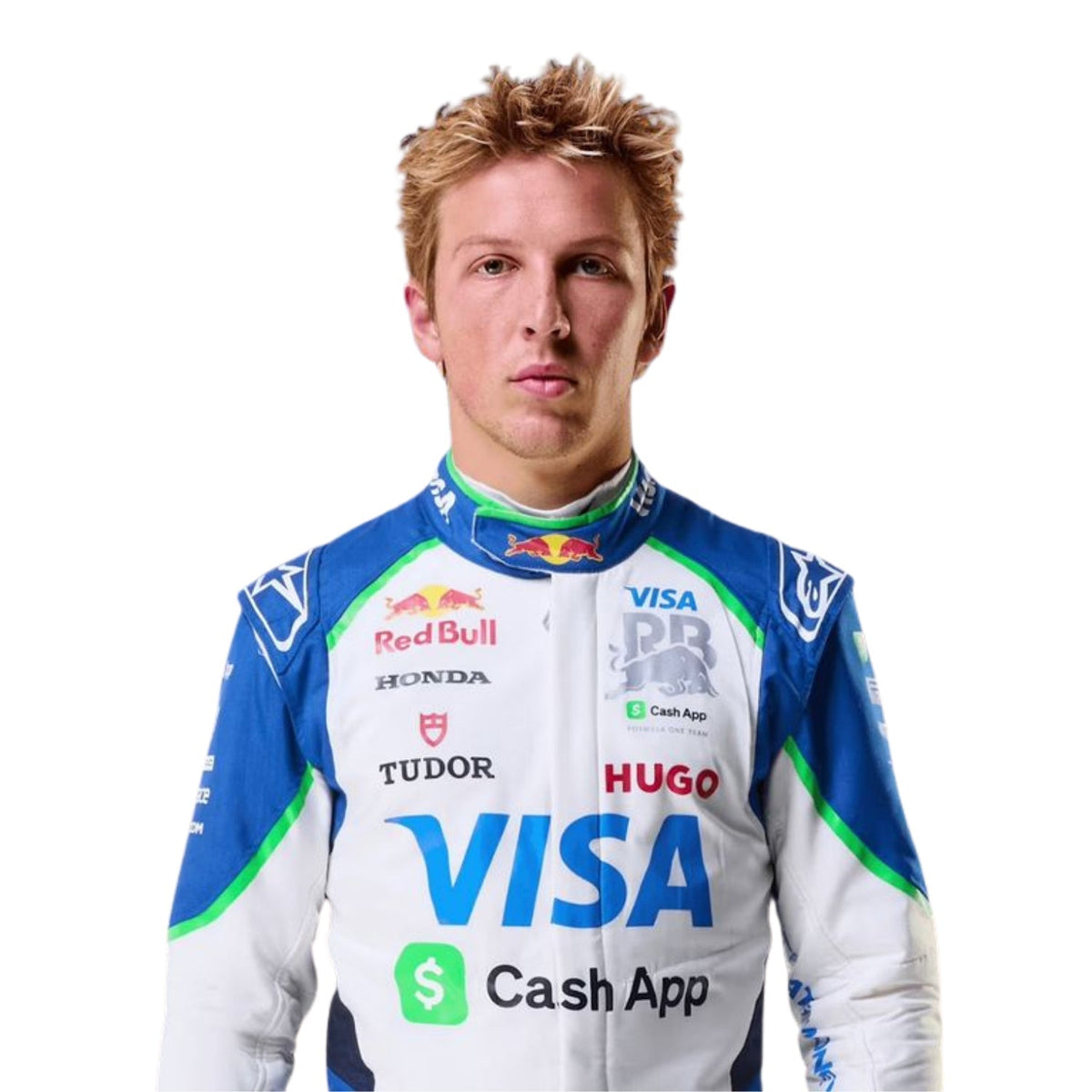 2025 Liam Lawson Racing Suit Replica VCARB with various sponsor logos closeup view.