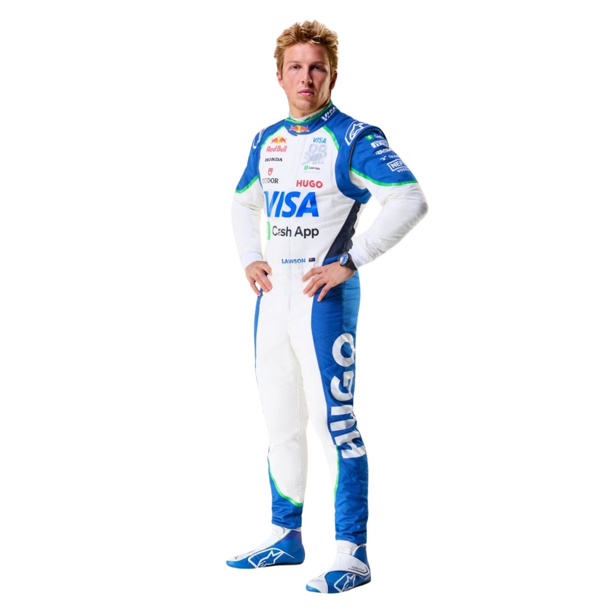 A man modeling a full-body 2025 Liam Lawson Racing Suit Replica VCARB with blue panels and multiple sponsor logos, including VISA and Hugo.