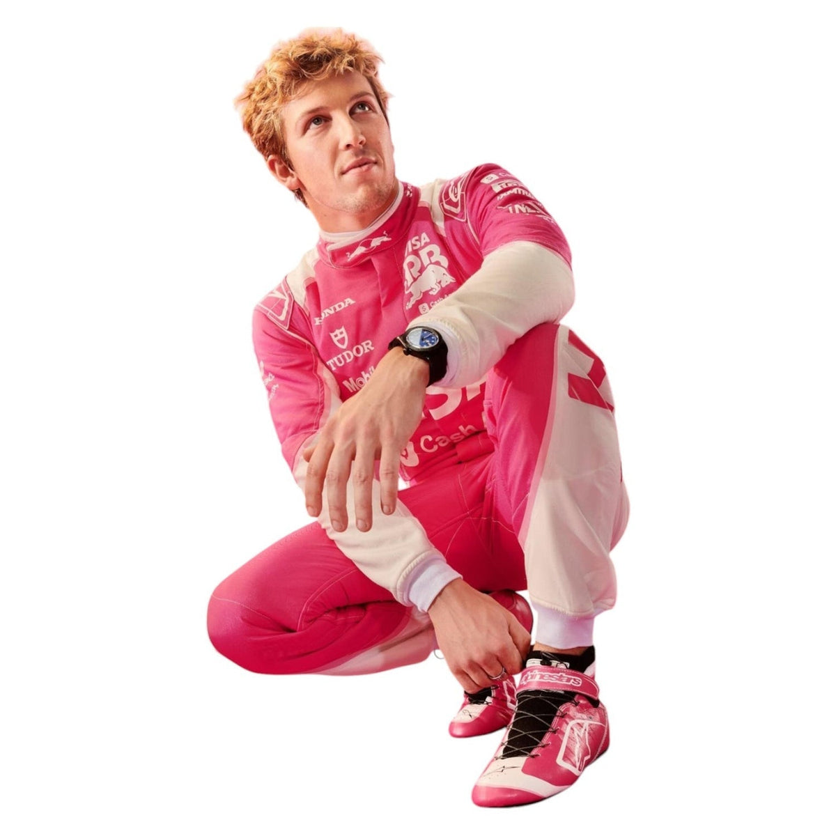 2025 Liam Lawson Miami GP Racing Suit Replica: liam Lawson 2025 F1 Race Suit VCARB Miami GP crouching, wearing pink and white racing shoes with black laces.