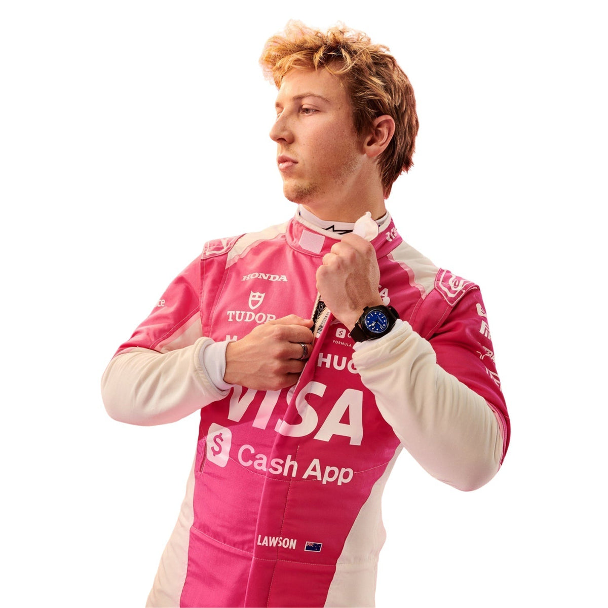 2025 Liam Lawson Miami GP Racing Suit Replica: liam Lawson 2025 F1 Race Suit VCARB Miami GP with sponsor logos including Visa and Honda, adjusting the collar of his suit closeup view.