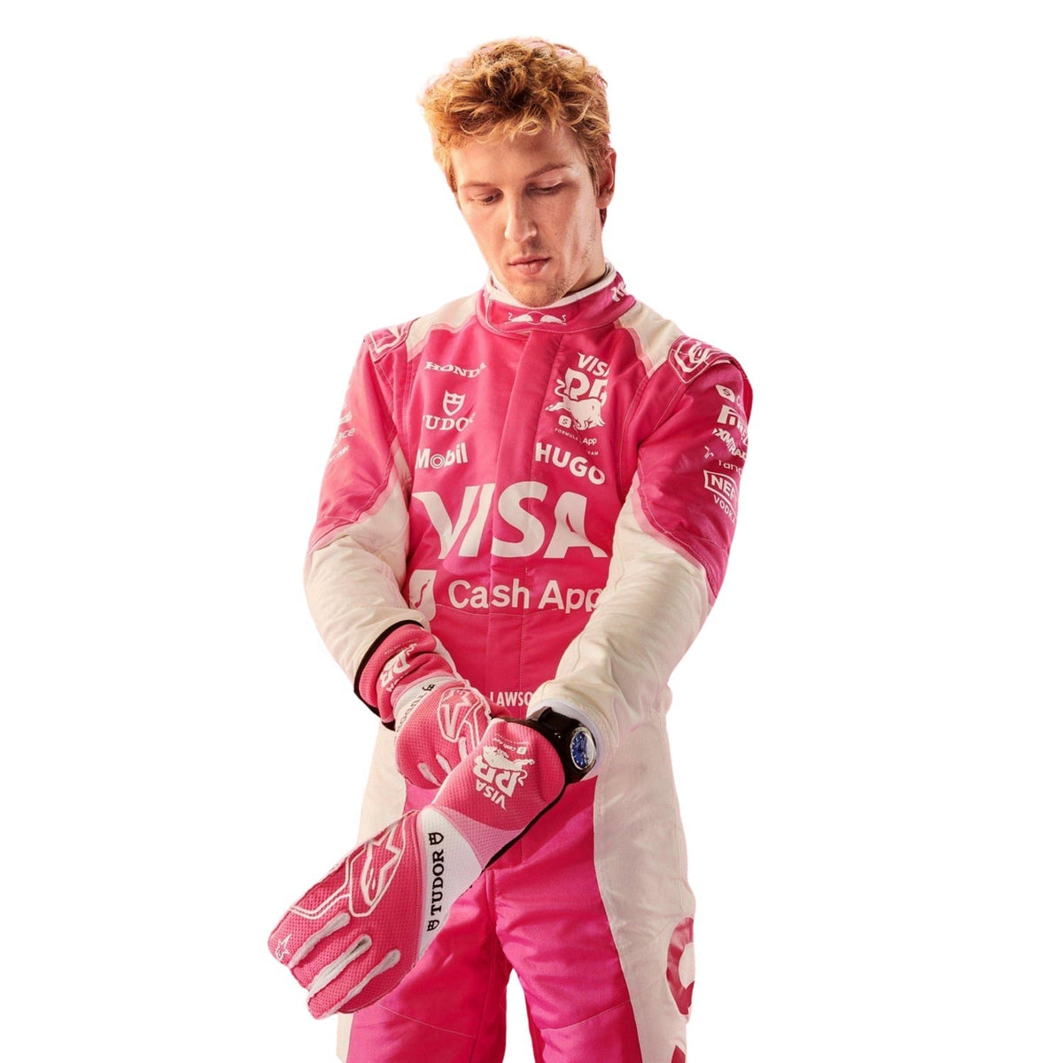 2025 Liam Lawson Miami GP Racing Suit Replica: liam Lawson 2025 F1 Race Suit VCARB Miami GP with sponsor logos like Visa and Hugo, along with matching pink gloves.