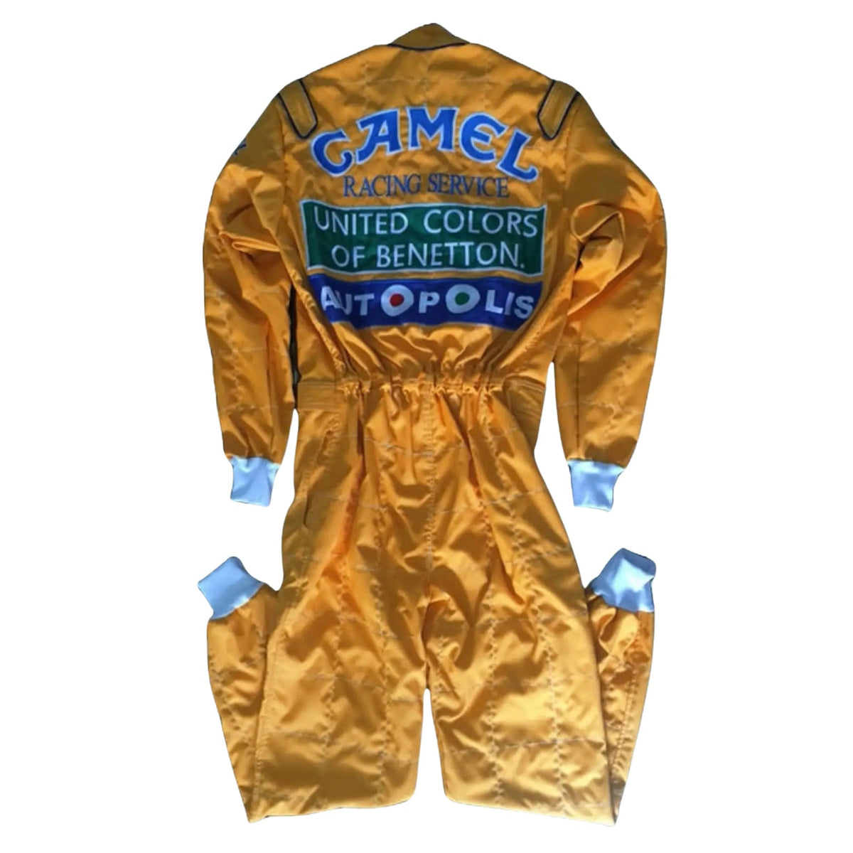 Michael Schumacher 1991 Racing Suit Replica: a vintage gold satin Michael Schumacher 1991 F1 Race Replica Costume Benetton Ford featuring blue and green sponsor logos including Camel, United Colors of Benetton, and Metopolis.
