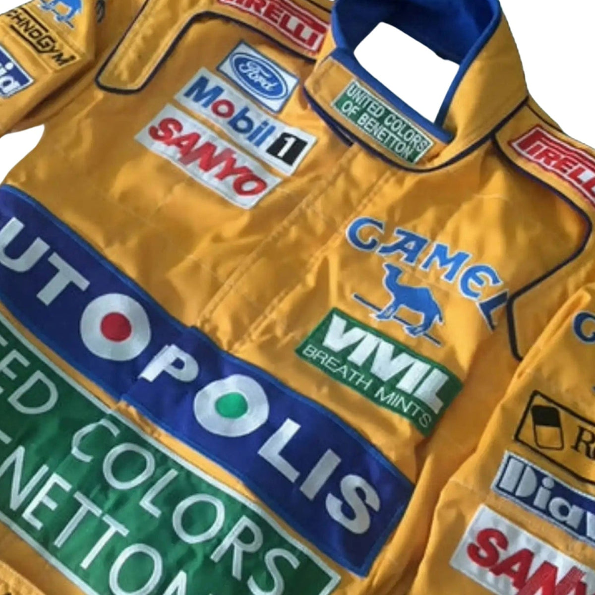 Michael Schumacher 1991 Racing Suit Replica: yellow Michael Schumacher 1991 F1 Race Replica Costume Benetton Ford with various sponsor logos.