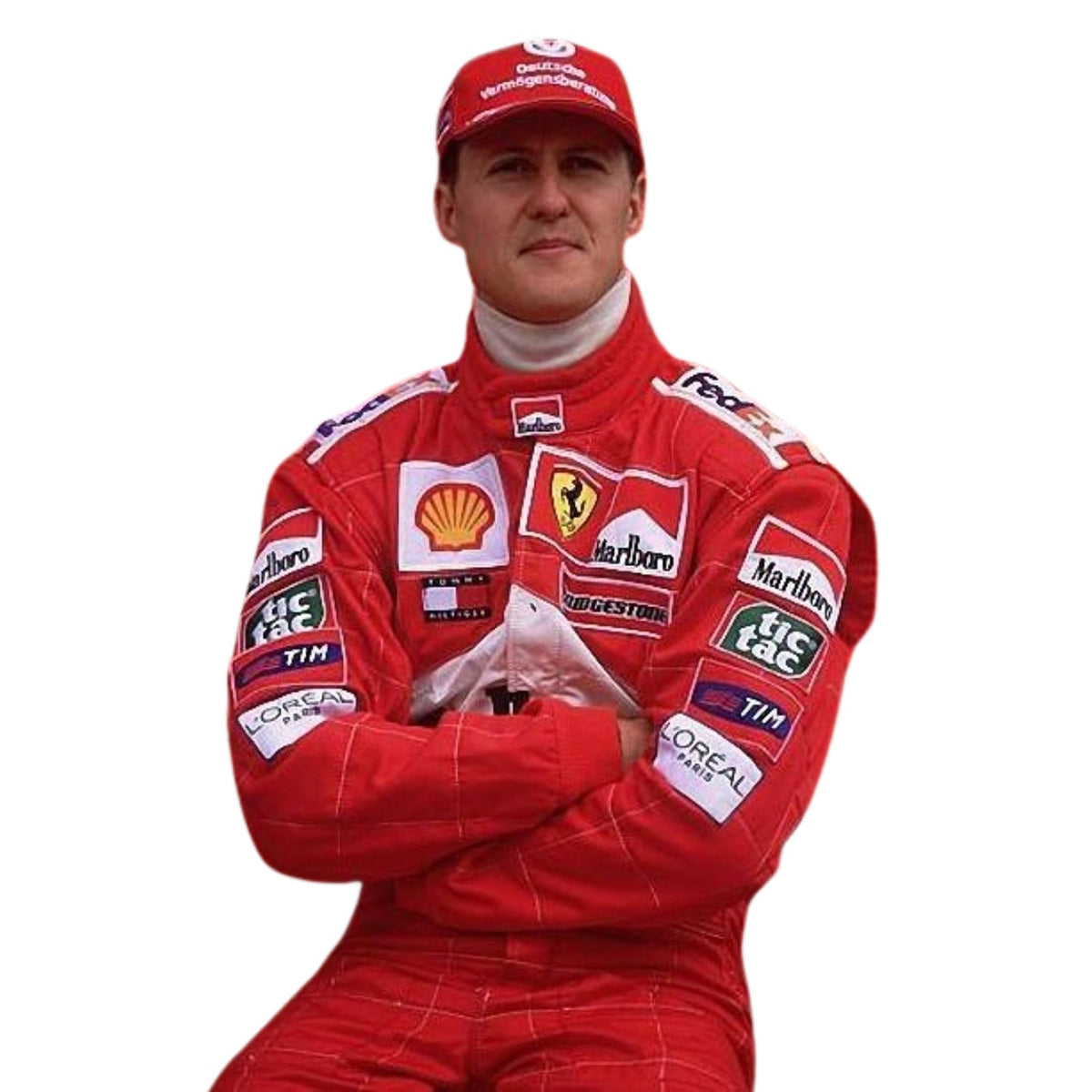 Michael Schumacher 2002 Racing Suit Replica with various sponsor logos.