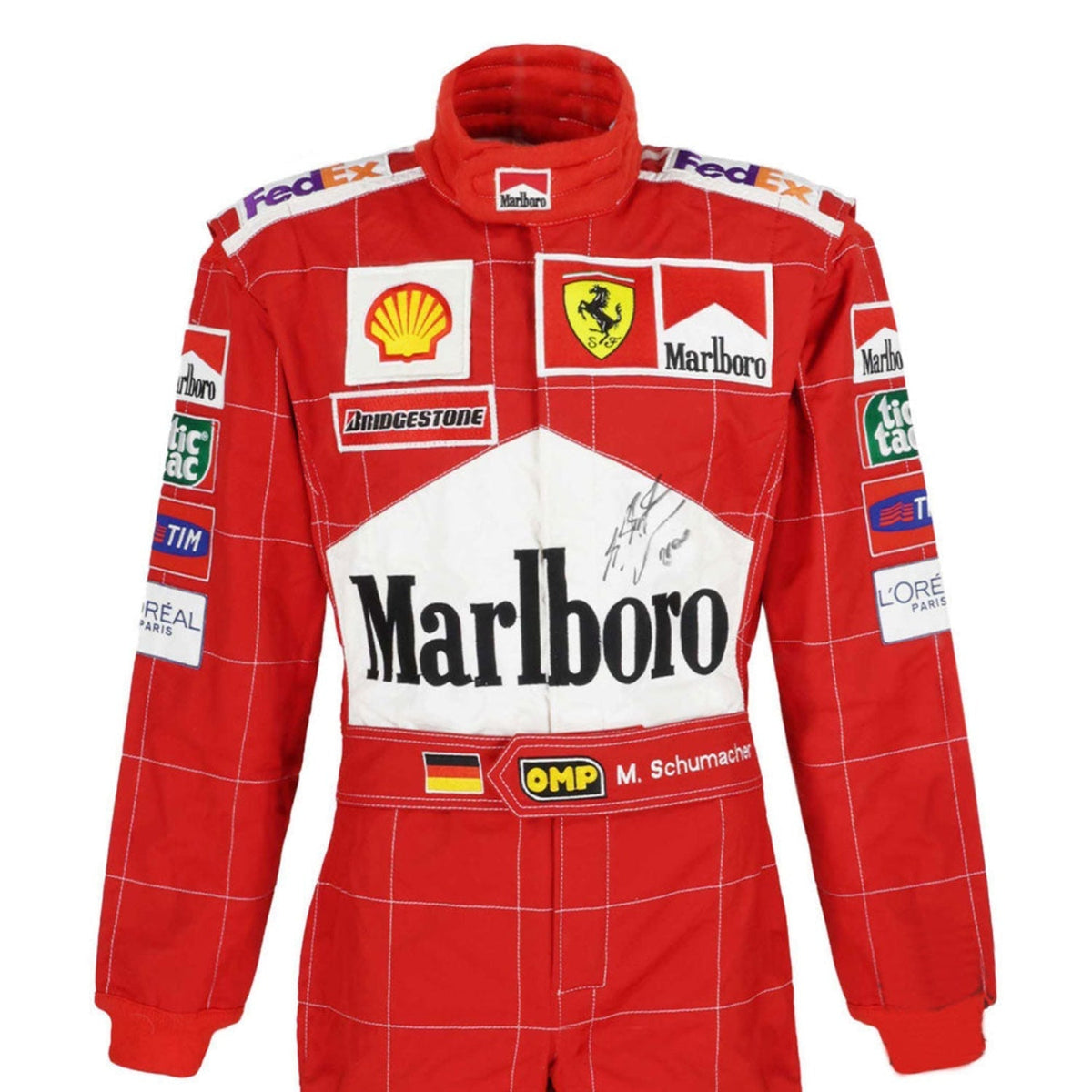A red long-sleeve Michael Schumacher 2002 Racing Suit Replica with white grid lines, featuring prominent Marlboro and Ferrari logos, along with sponsor patches including Shell, Bridgestone, FedEx, and Pirelli. The suit is.