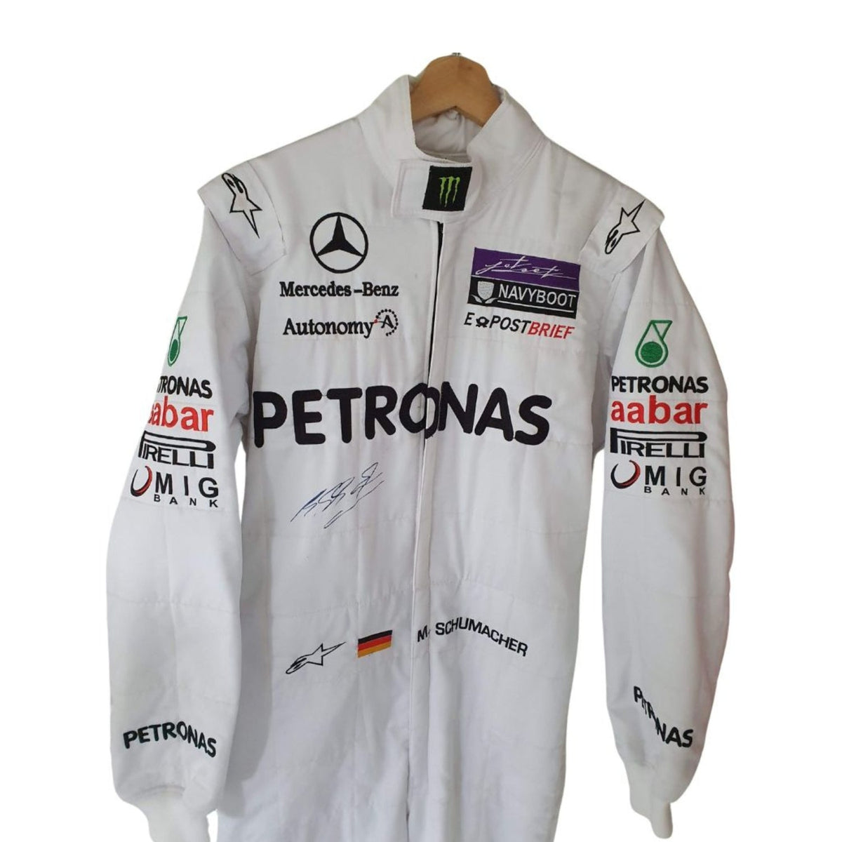 White Michael Schumacher Racing Suit Replica 2011 with various sponsor logos closeup View.