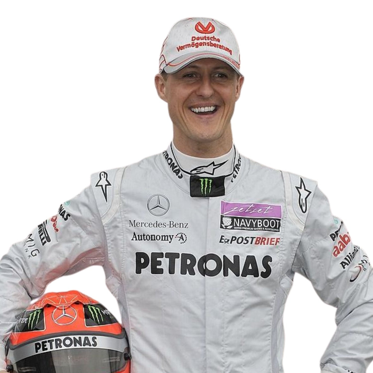 Michael Schumacher Racing Suit Replica 2011 with various sponsor logos Close up View.