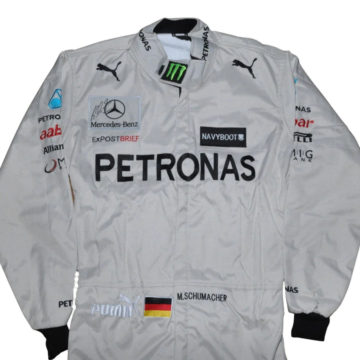 White Michael Schumacher Racing Suit Replica 2012 with various sponsor logos.