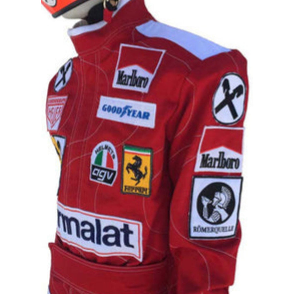 Red Niki Lauda Racing Suit Replica 1976 with various sponsor logos Close Up View.
