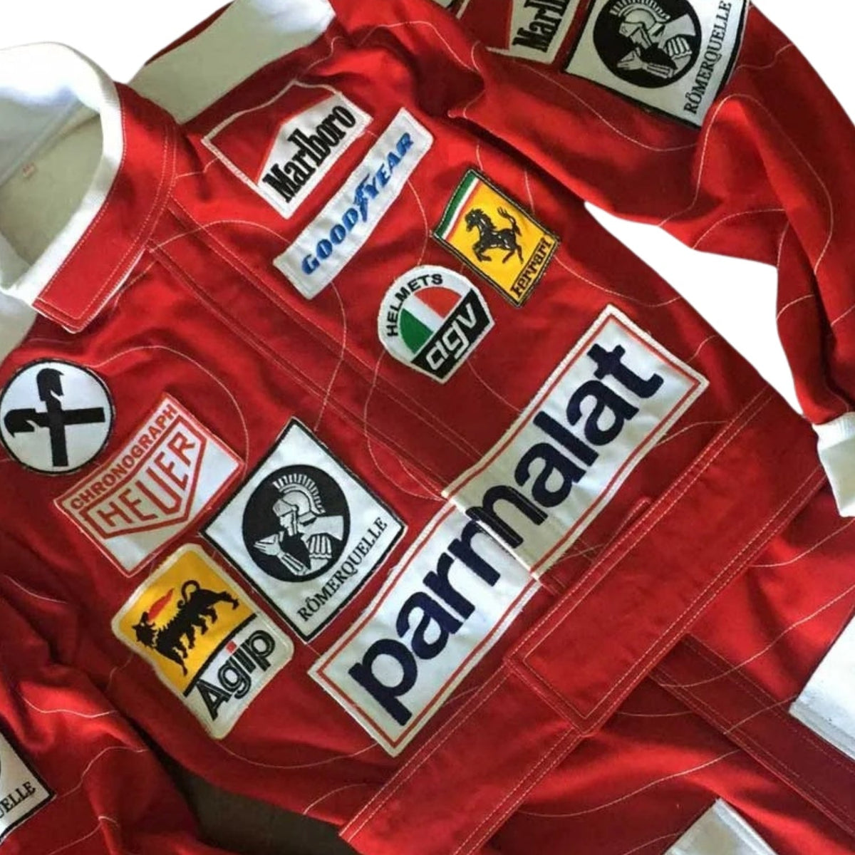Red Niki Lauda Racing Suit Replica 1976 with various sponsor logos Close Up View.