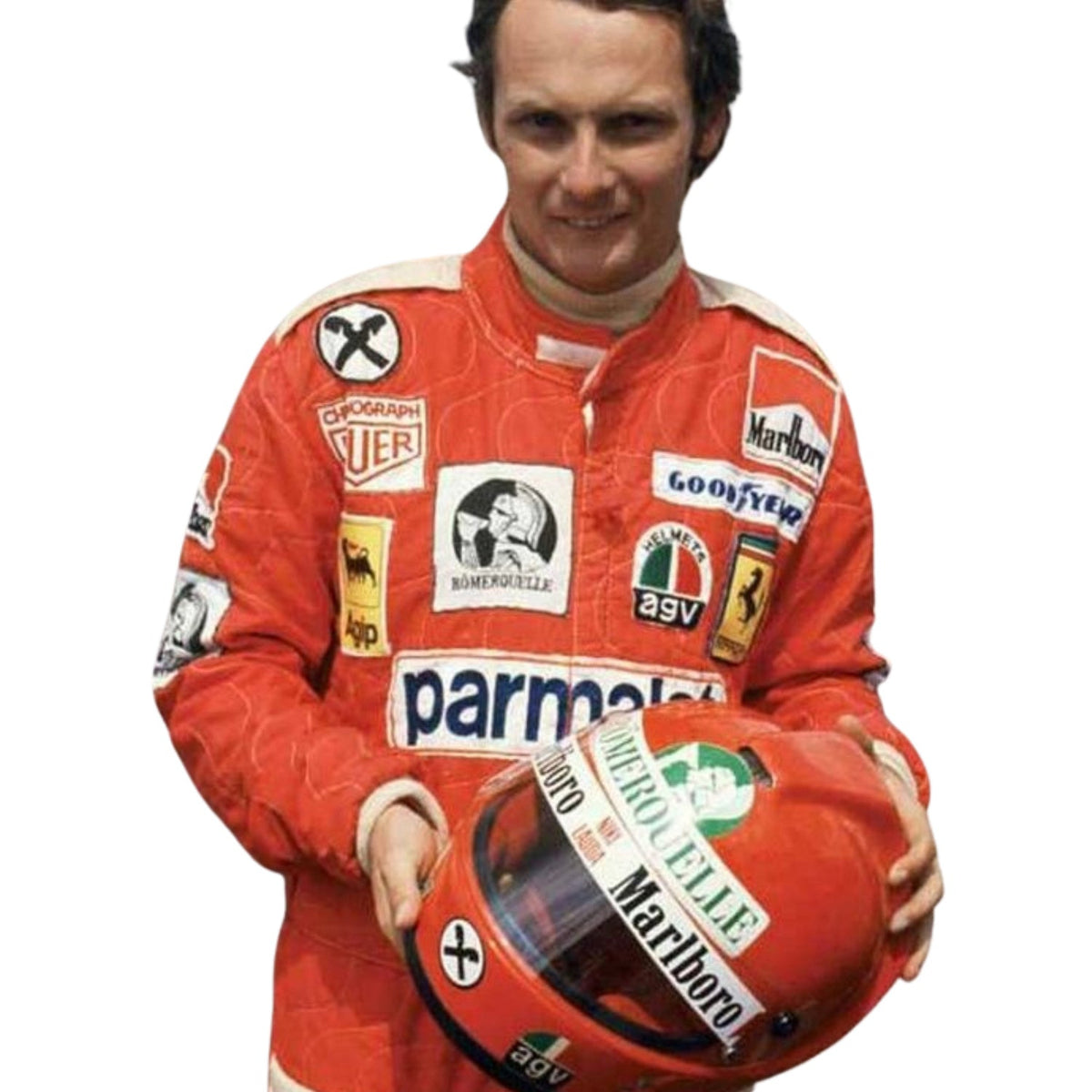 Niki Lauda Racing Suit Replica 1976 with various sponsor logos, holding a matching helmet.