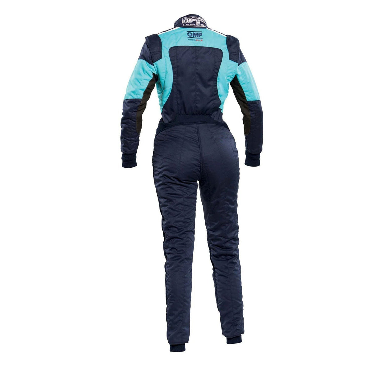OMP FIRST ELLE Navy Blue/Light Blue Go-Kart Racing Suit Replica: black and teal OMP FIRST ELLE Navy BlueLight Blue Go Kart Racing Suit with OMP branding.