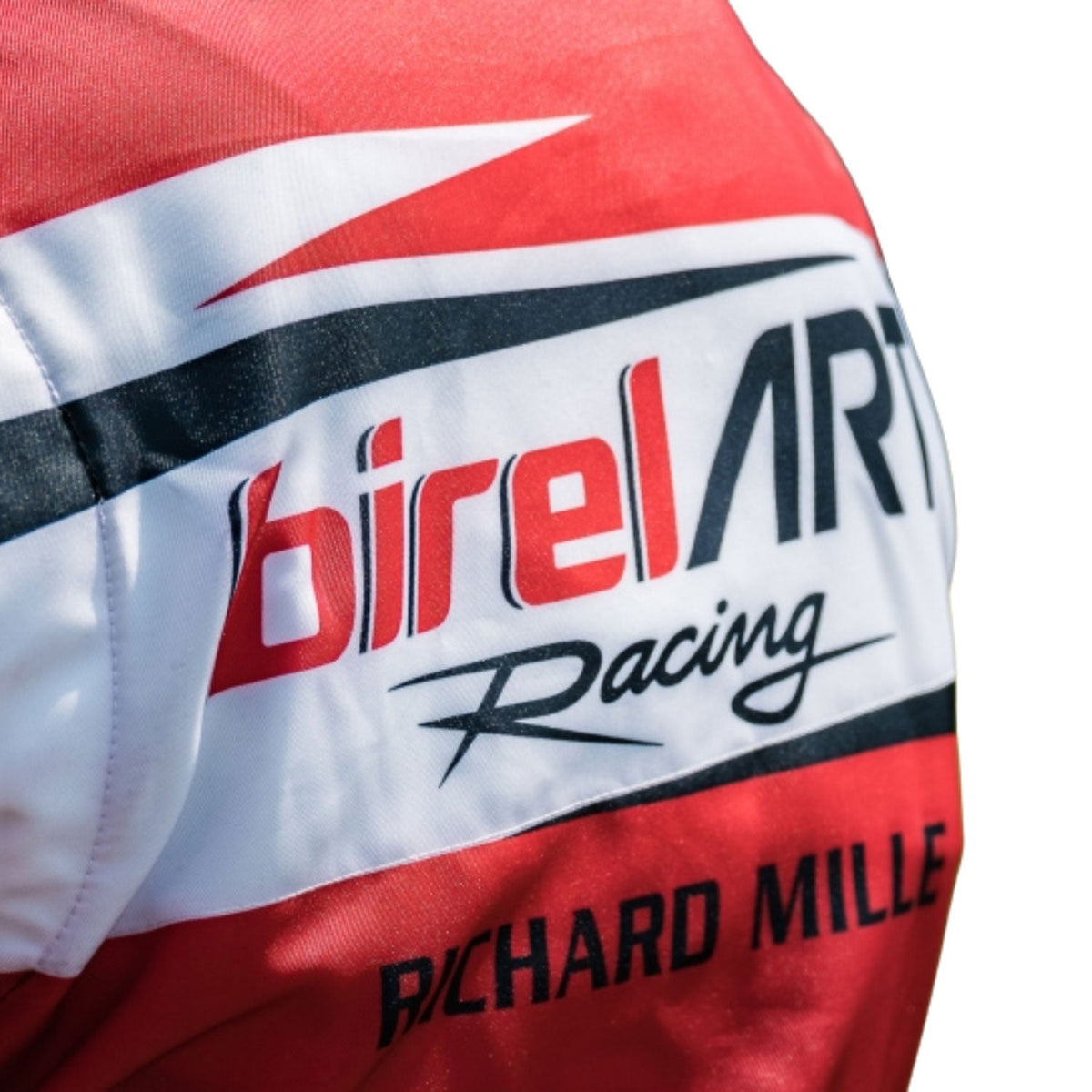 Red Birel Art Go-Kart Racing Suit Replica: red Birel Art Go-Kart Race Track Suit Close-Up View.