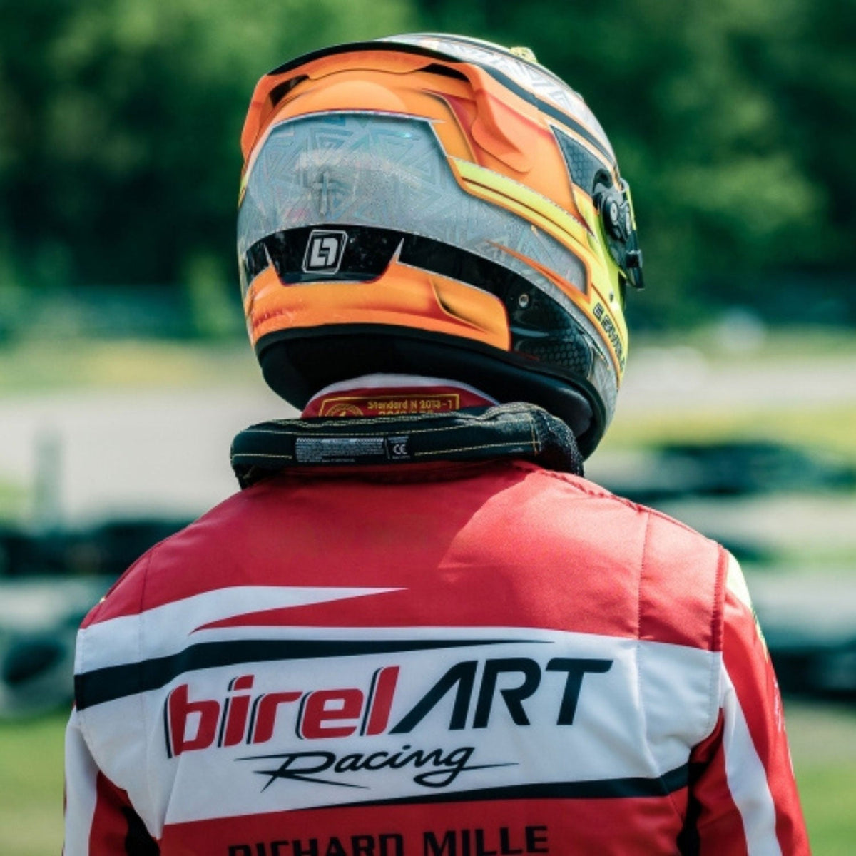 Red Birel Art Go-Kart Racing Suit Replica: red Birel Art Go-Kart Race Track Suit Logo.