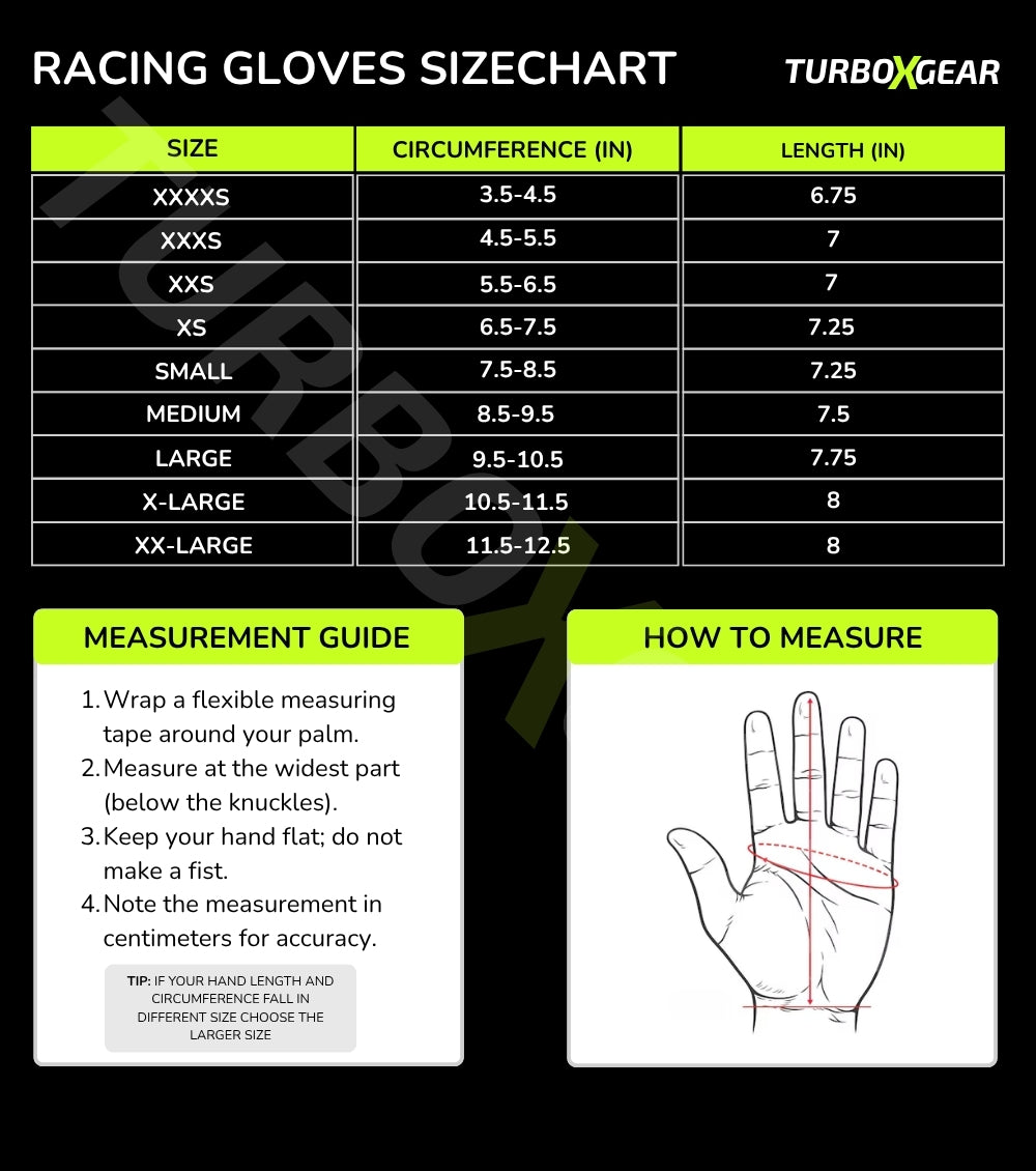 A racing gloves size chart from TurboX Gear showing a size conversion table from Size to IN and CM, with a measurement guide and foot measurement diagram on a black background.