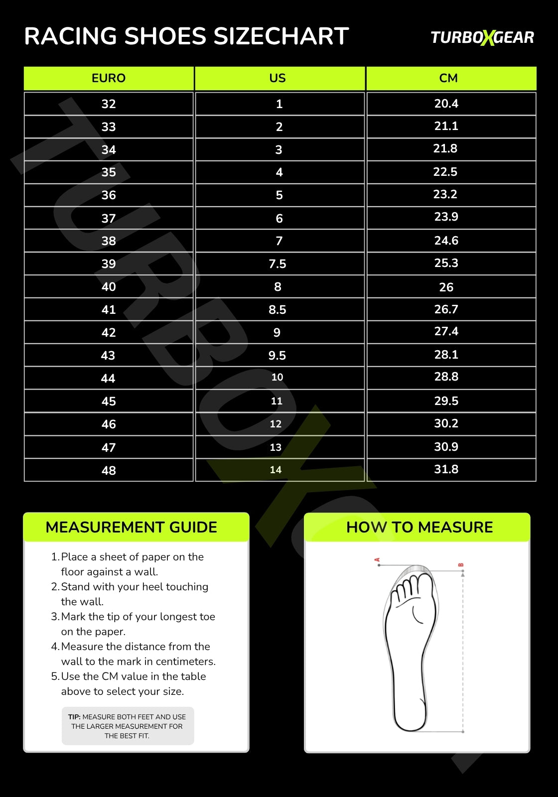 A racing shoes size chart from Turbo Gear showing a size conversion table from Euro to US and CM, with a measurement guide and foot measurement diagram on a black background.