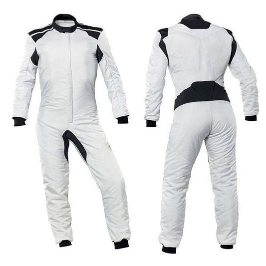 White Go-Kart Car Driver Racing Wear Costume Design: white Go-Kart Car Driver Racing Costume Track Suit.