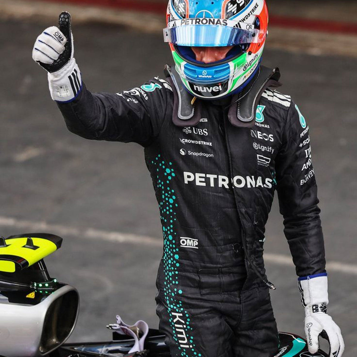 Andrea Kimi Antonelli 2025 Racing Suit Replica: andrea Kimi Antonelli F1 Race Replica Mercedes Grand Prix Suit Close Up View.
