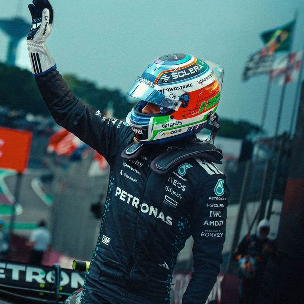 Andrea Kimi Antonelli 2025 Racing Suit Replica: andrea Kimi Antonelli F1 Race Replica Mercedes Grand Prix Suit Close Up View.
