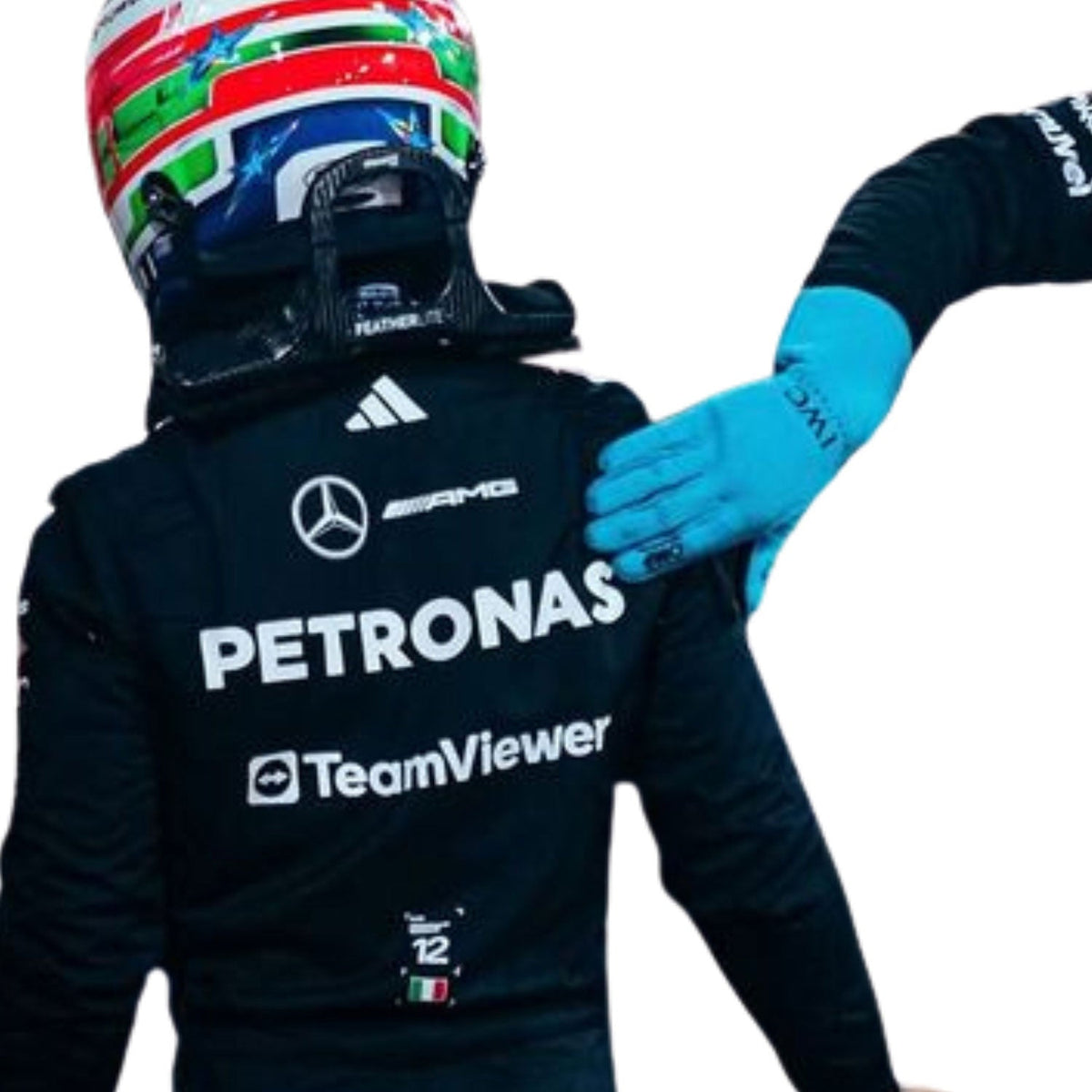 Andrea Kimi Antonelli 2025 Racing Suit Replica: andrea Kimi Antonelli F1 Race Replica Mercedes Grand Prix Suit Close Up View.