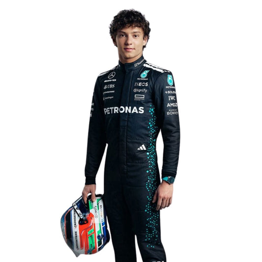 Andrea Kimi Antonelli 2025 Racing Suit Replica: andrea Kimi Antonelli F1 Race Replica Mercedes Grand Prix Suit Close Up View.