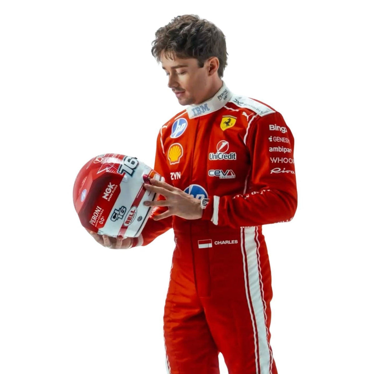 Charles Leclerc 2026 Racing Suit Replica: charles Leclerc wearing a F1 Race suit with various logos.
